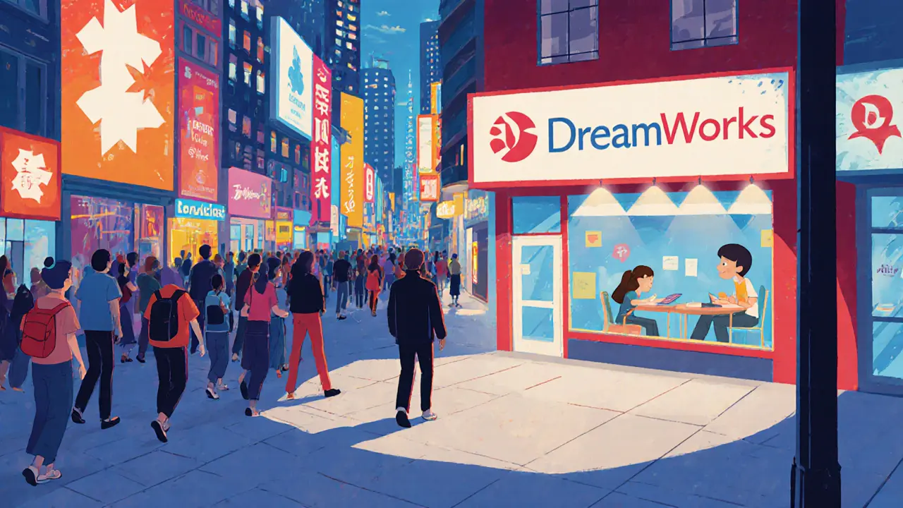 Человек в шумном городе смотрит на тихий магазин с узнаваемым визуальным стилем, остальное — хаотично.