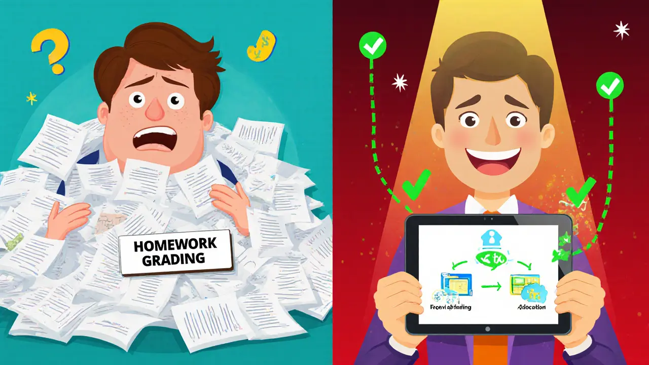 Разделенный экран: с одной стороны — перегруженный преподаватель, с другой — тот же человек с простым алгоритмом.