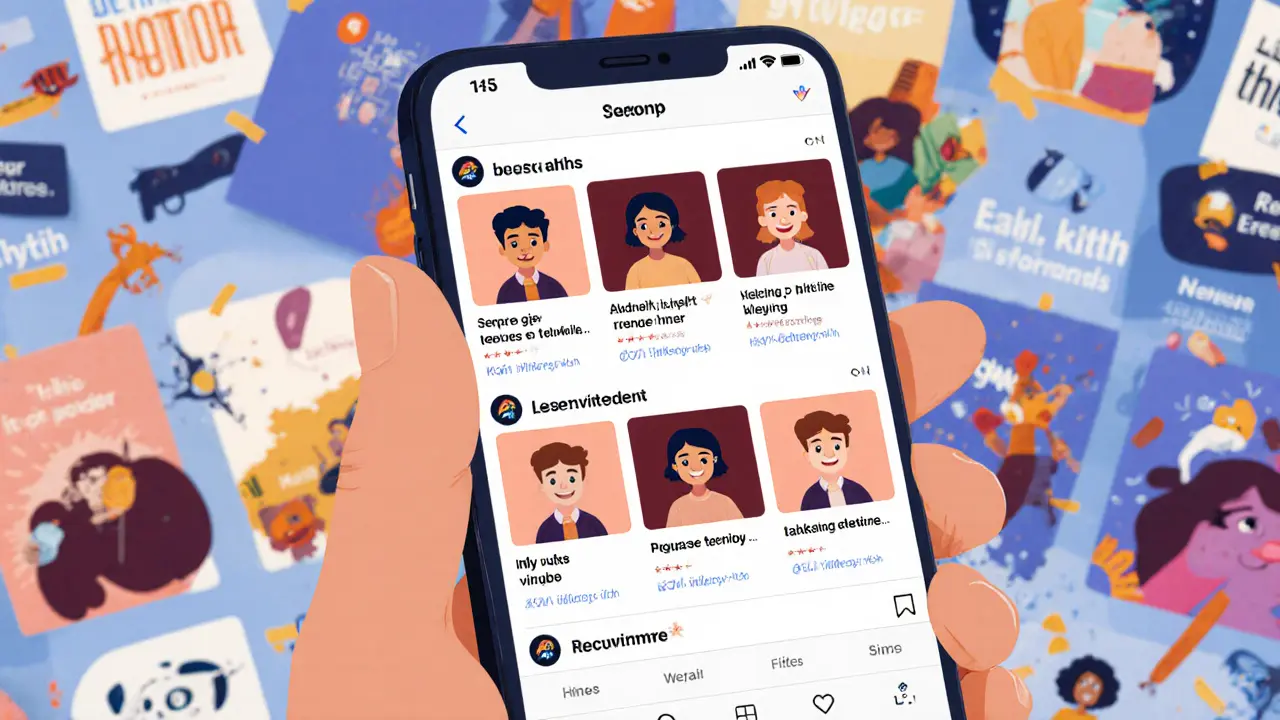 Телефон с лентой соцсетей, где все посты имеют одинаковый стиль фото и цвета, остальные — размыты.