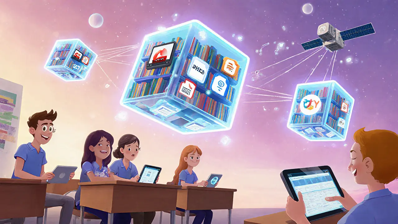 Цифровая библиотека с тремя хранилищами: видео, тексты и потоки, соединённые с CDN в небе.