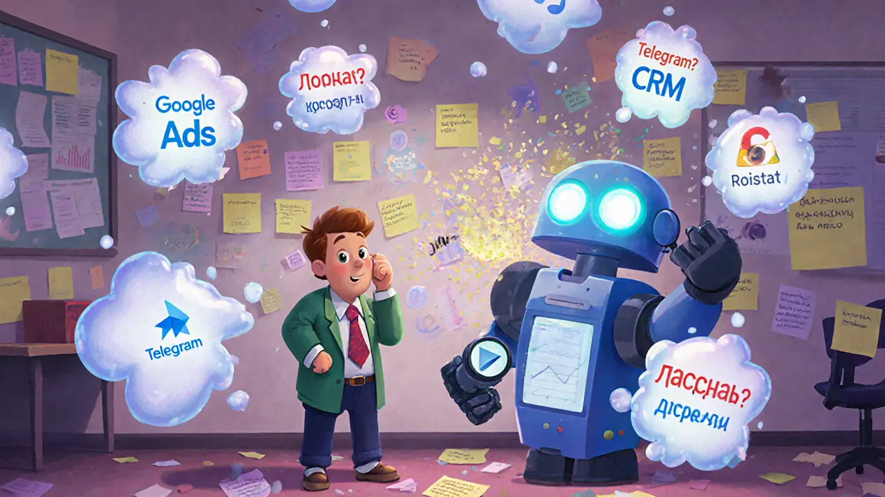 Раздражённый руководитель школы, окруженный хаосом данных, пока робот-аналитик разбирает звонки.