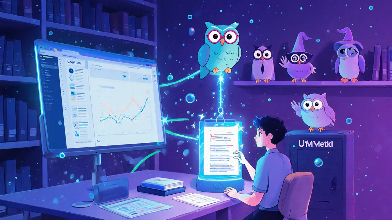 Студент перетаскивает данные в машину Differture, а другие инструменты аналитики наблюдают с полки.