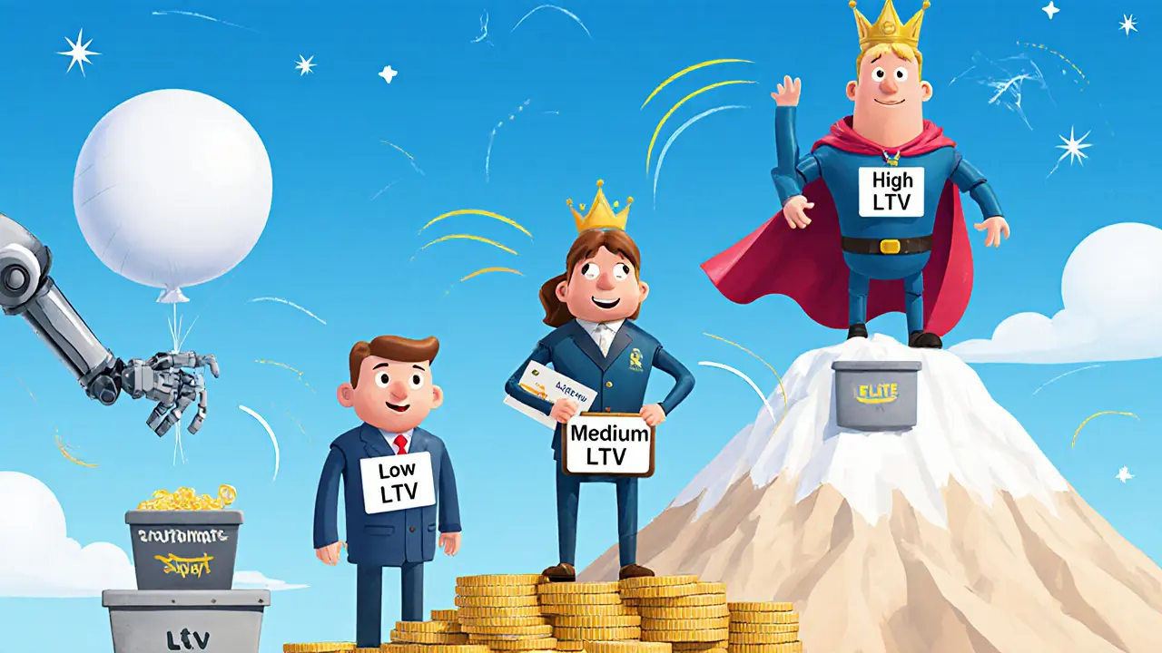 Трое персонажей-клиентов разных уровней LTV: маленький, средний и величественный с короной, сортируемые по категориям.