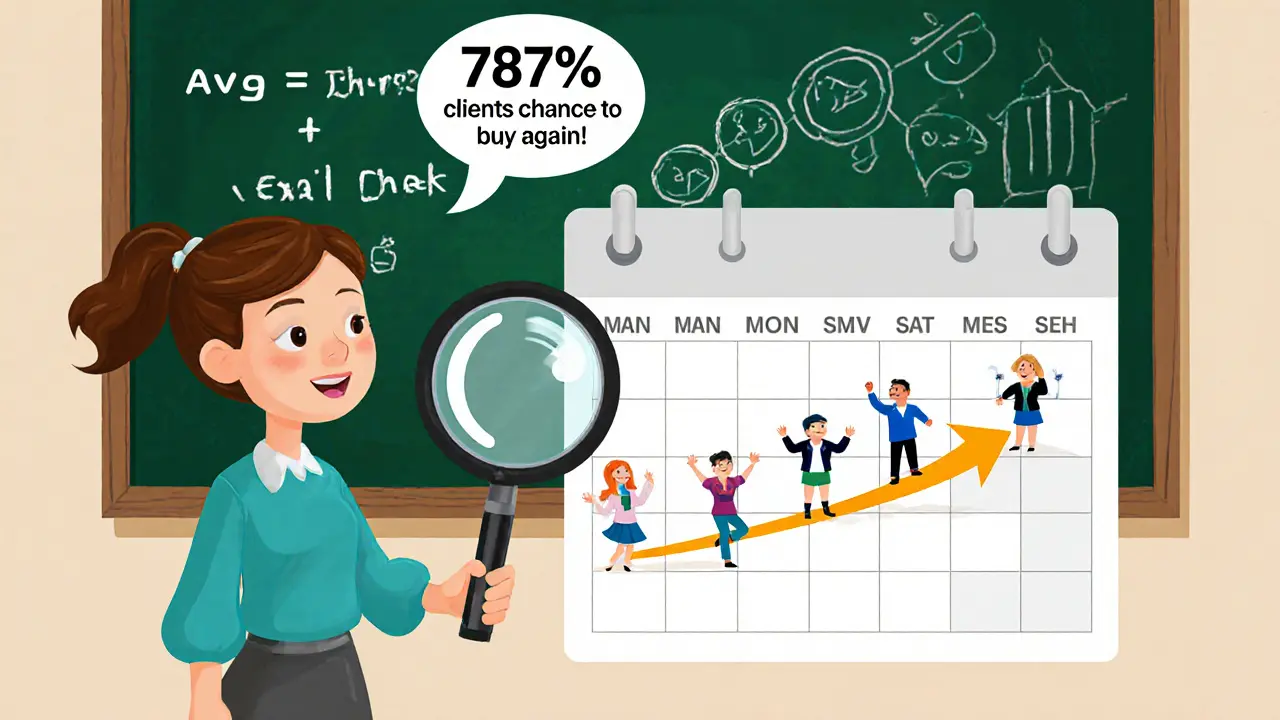Учитель с лупой смотрит на когорты клиентов, а впереди светится прогноз покупок на основе действий.