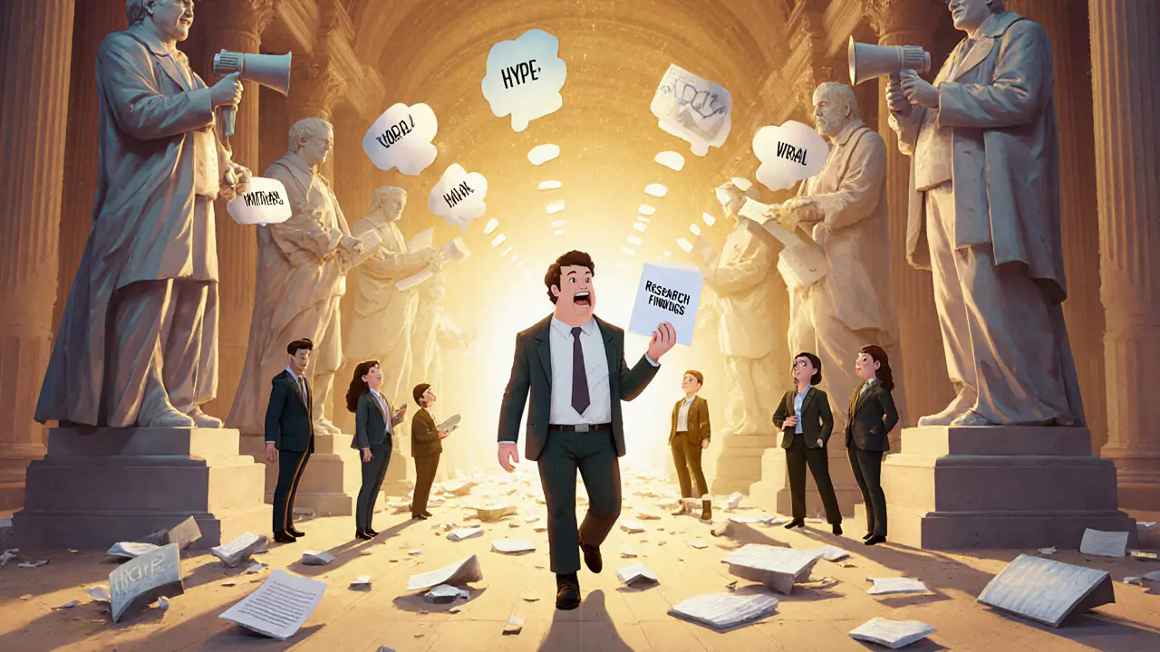 Эксперт проходит мимо рушащихся статуй маркетологов, неся белый отчет с данными.