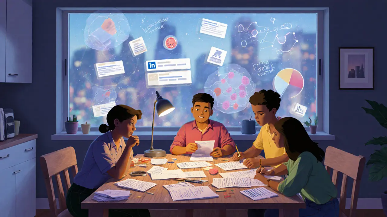 Команда анализирует отзывы клиентов и данные на кухонном столе при свете лампы.