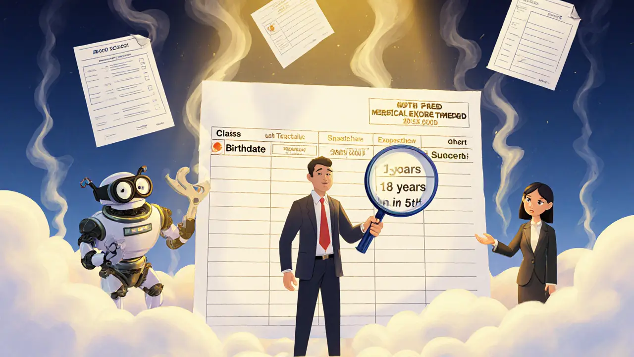 Администратор проверяет плавающие ошибки в данных учеников с помощью лупы, робот чинит их.