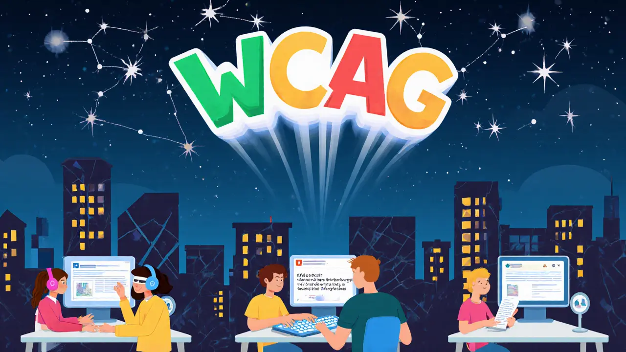 Гигантские буквы WCAG POUR светятся в небе, а люди с разными потребностями взаимодействуют с обучающей платформой.
