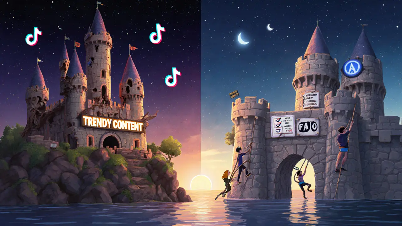 Разрушающийся замок трендов слева, прочный замок вечнозелёного контента справа.