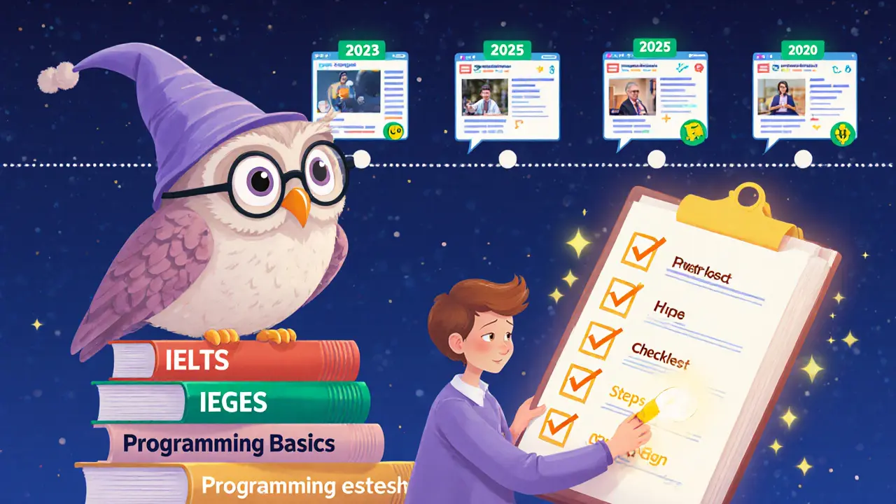 Сова с очками сидит на книгах, студент отмечает пункты волшебного чек-листа.