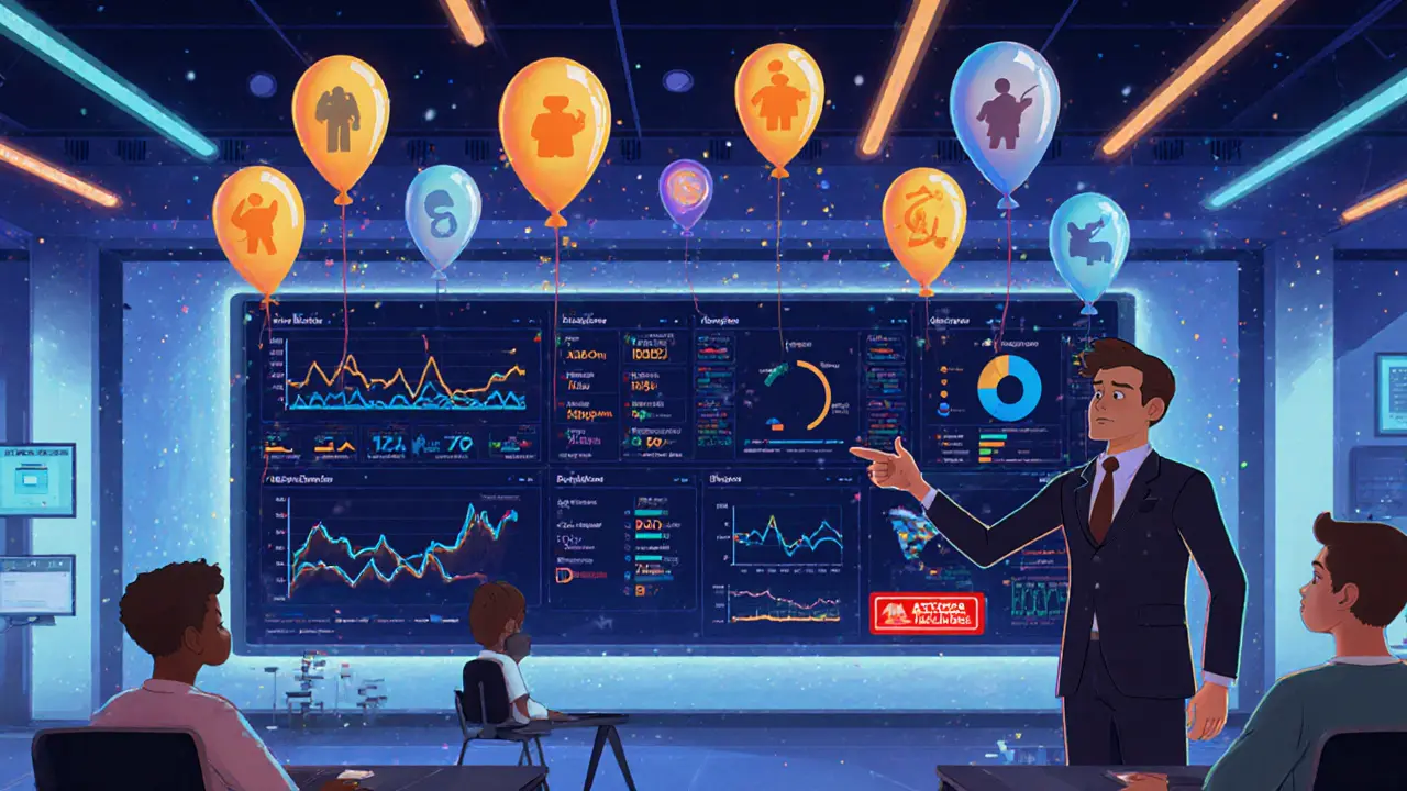 Администратор анализирует данные на большом дашборде Power BI с анимированными графиками успеваемости.