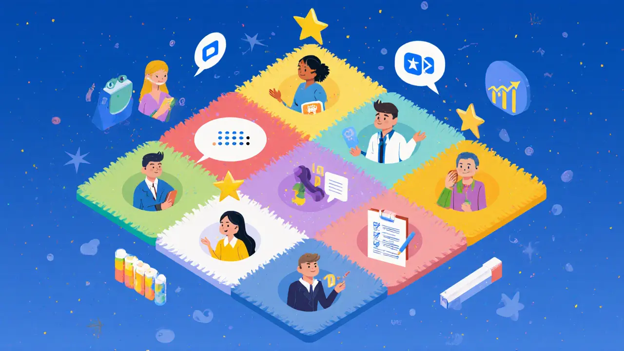 Анимированные сотрудники в матрице потенциала и результатов, с звёздами и иконками развития.