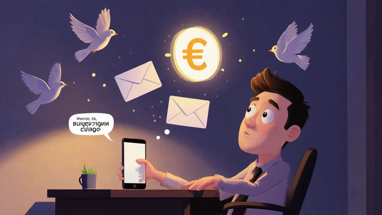 Дорогой продукт с письмами-птицами, одно превращается в руку с телефоном, человек улыбается и обещает позвонить.