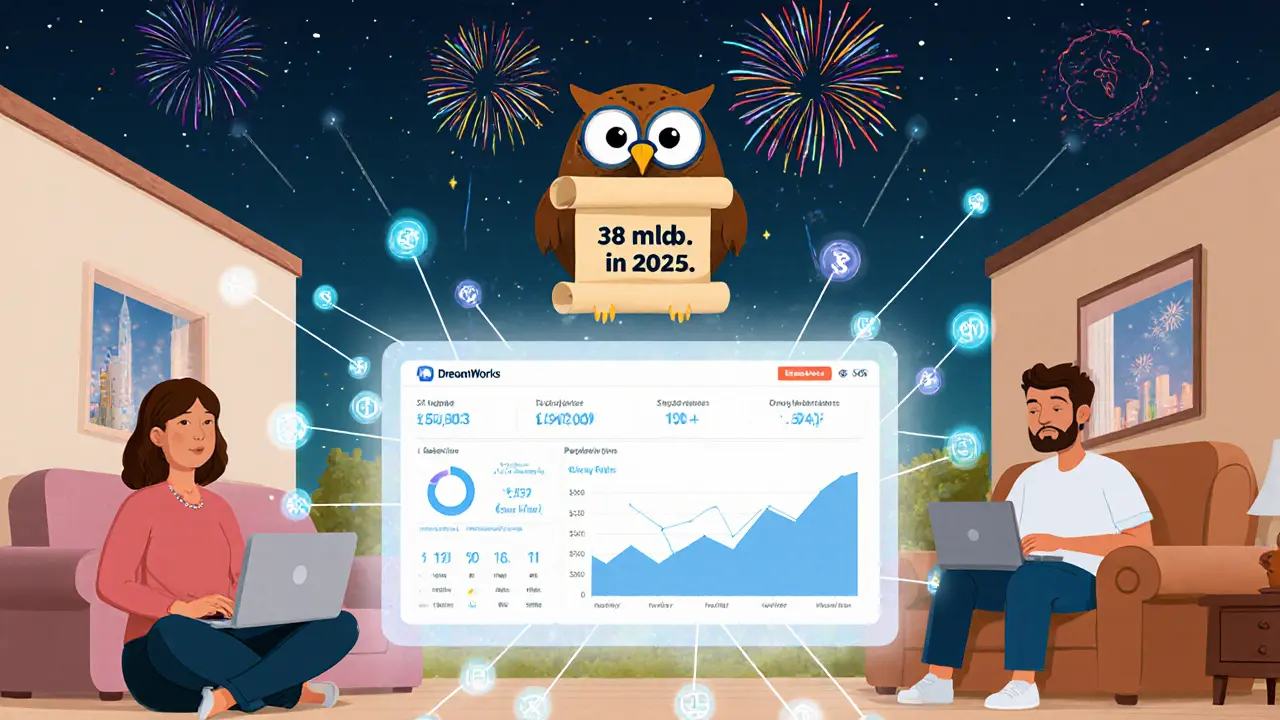 Люди разных возрастов в уютных домах, соединённые светящимися нитями с дашбордом роста доходов в инфобизнесе.