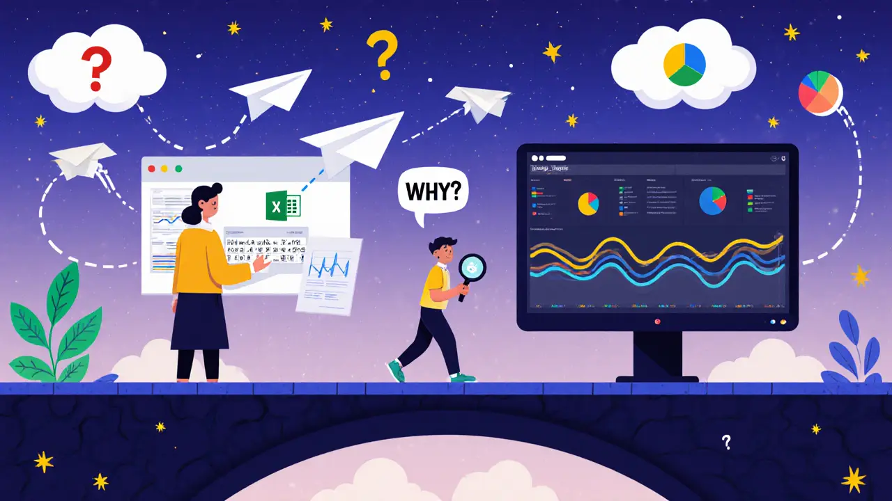 Магический мост соединяет Google Sheets и Power BI, символизируя сочетание простоты и аналитики.