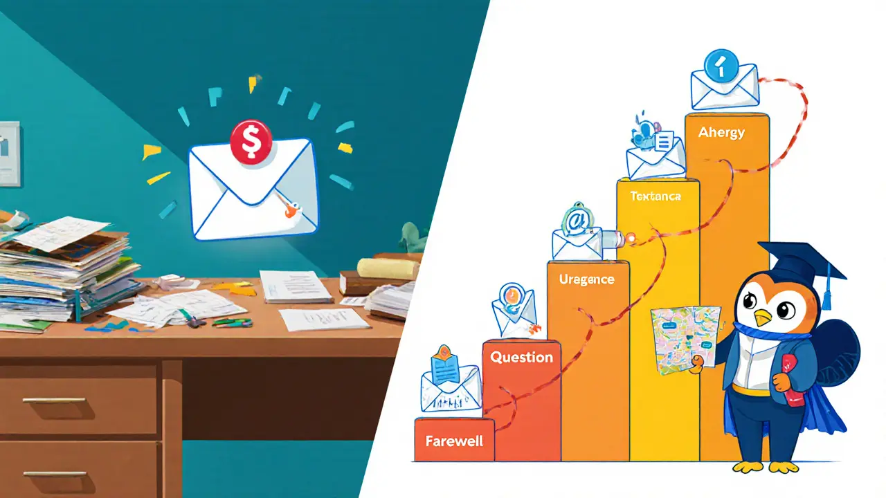 Разделённая сцена: слева — одинокое письмо, справа — пять шагов к покупке с иконками, клиент улыбается с дипломом.