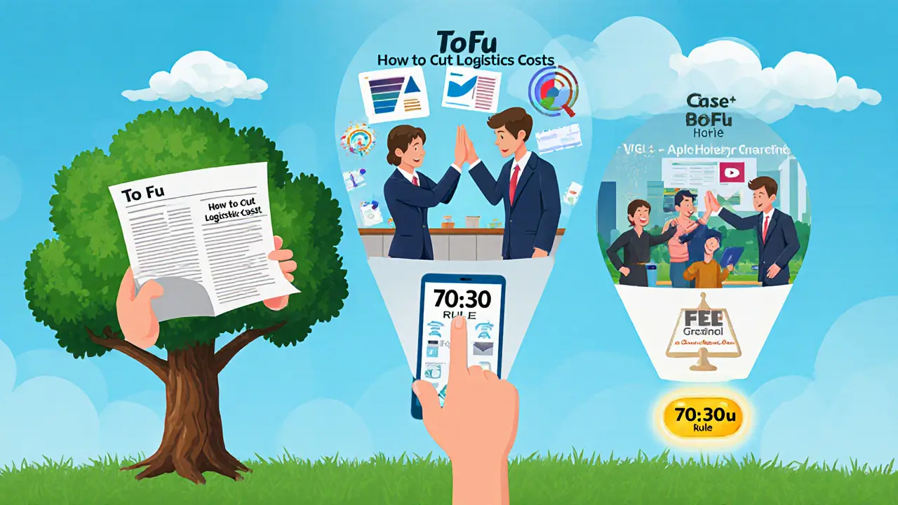 Три этапа воронки продаж: обучение, кейсы и призыв к действию, изображённые в ярком мультяшном стиле.