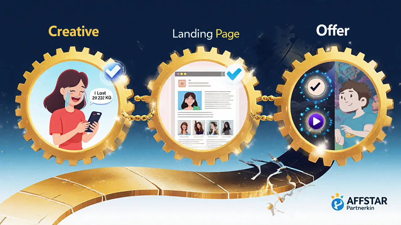 Три связанных шестерёнки: креатив, лендинг и оффер — одна цепочка успеха, другая разрушается.