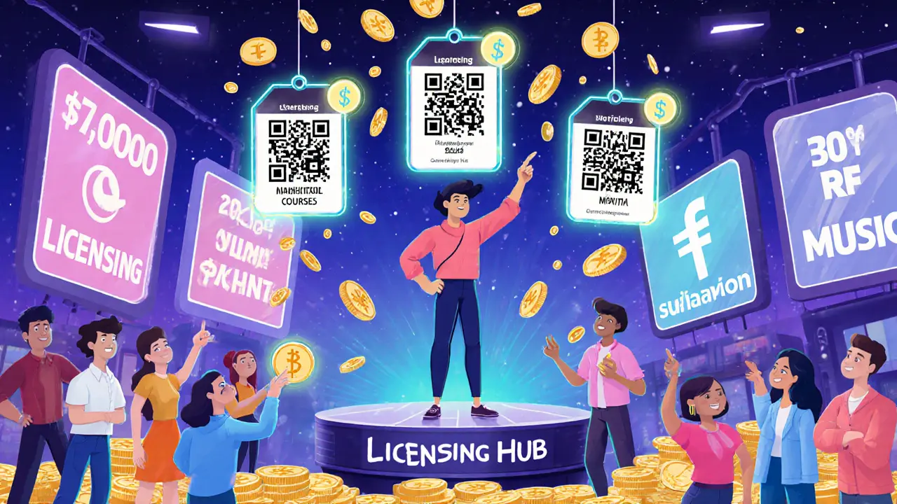 Цифровой рынок с пользователями, сканирующими QR-коды лицензий, над продуктами — пульсирующие символы роялти.