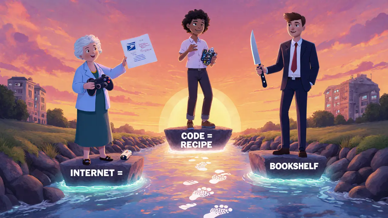 Люди переходят реку сложных идей по мосту из метафор: почта, рецепт, книжная полка.