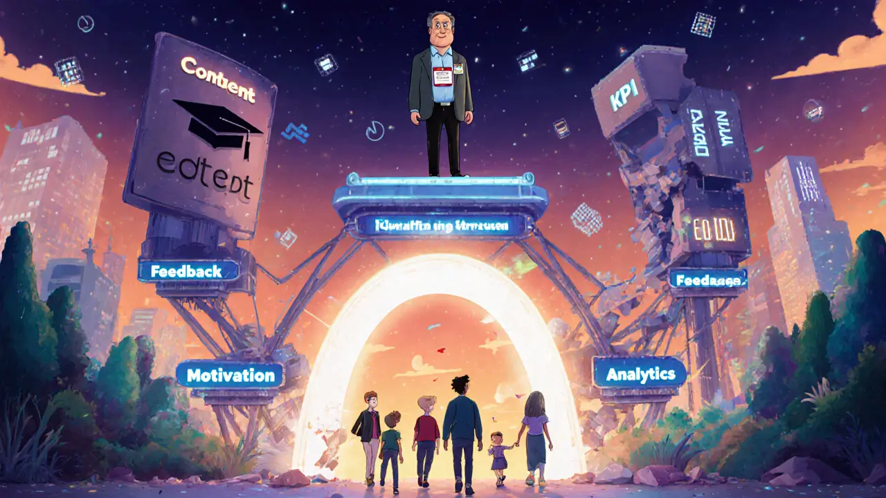 Маркетолог-стратег стоит на платформе из модулей обучения, а ученики идут к выпуску под светящимися метриками.