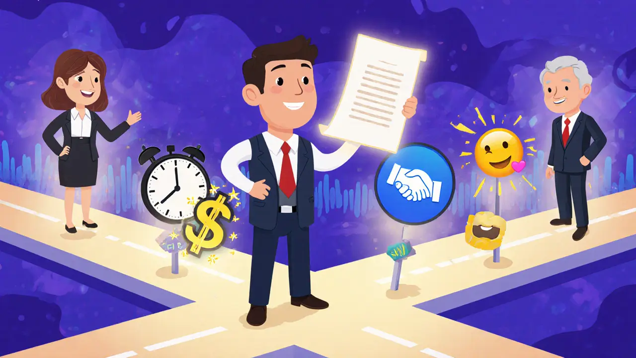 Продавец на распутье с четырьмя путями, каждый ведет к уникальному клиенту с символами их потребностей.