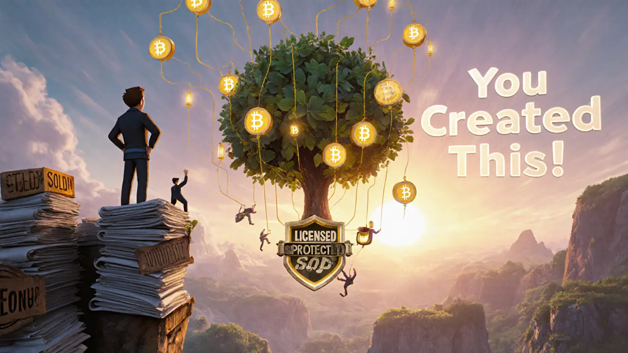 Создатель на холме из юридических документов, защищённый щитом лицензий, перед ним — светящиеся NFT-токены и дерево авторских прав.