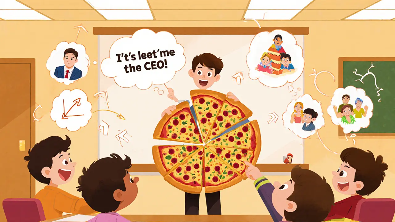 Учитель объясняет иерархию компании через пиццу, каждый кусок — уровень управления.