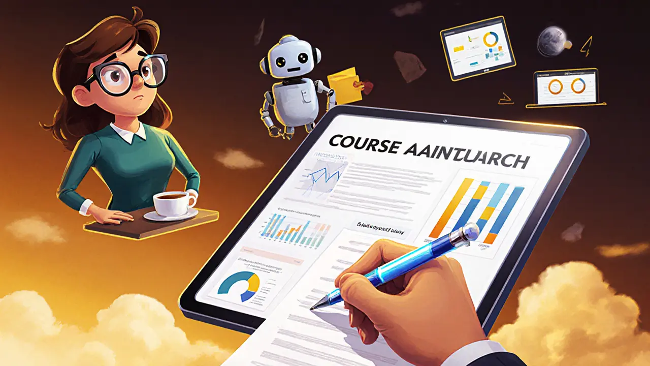 Рукописный контракт с ИИ-помощником и преподавателем у экрана с аналитикой курса.