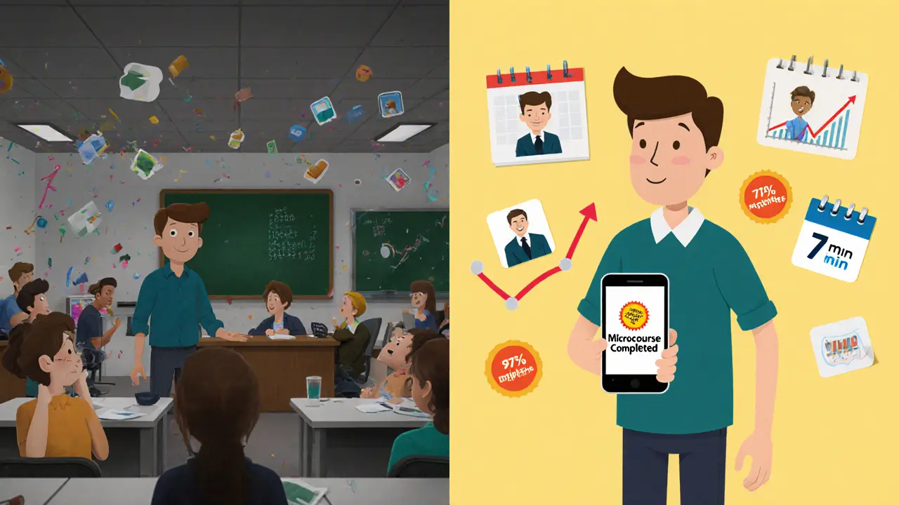 Сравнение: скучная лекция слева и успешное обучение справа с цифрами и значками.