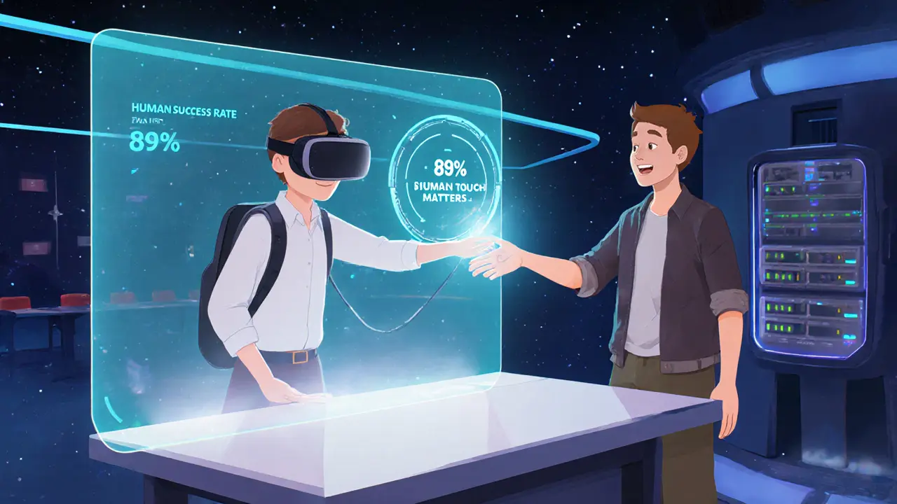 Студент в VR-шлеме взаимодействует с сервером, рядом — наставник, подчеркивая важность человеческого контакта.