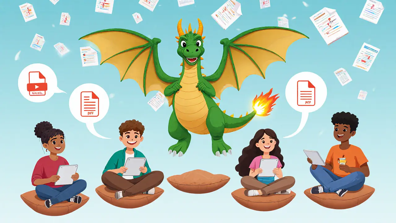 Студенты с планшетами смотрят на интерактивные PDF, а дракон из страниц выпускает закладки вместо огня.