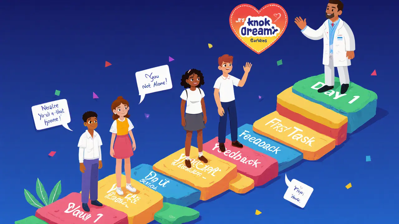 Студенты шагают по светящемуся пути обучения под наблюдением куратора с символом поддержки.