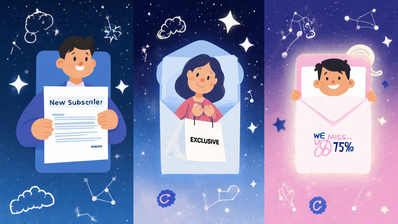 Три типа подписчиков: новый, активный и неактивный, получают персонализированные письма в космической рассылке.