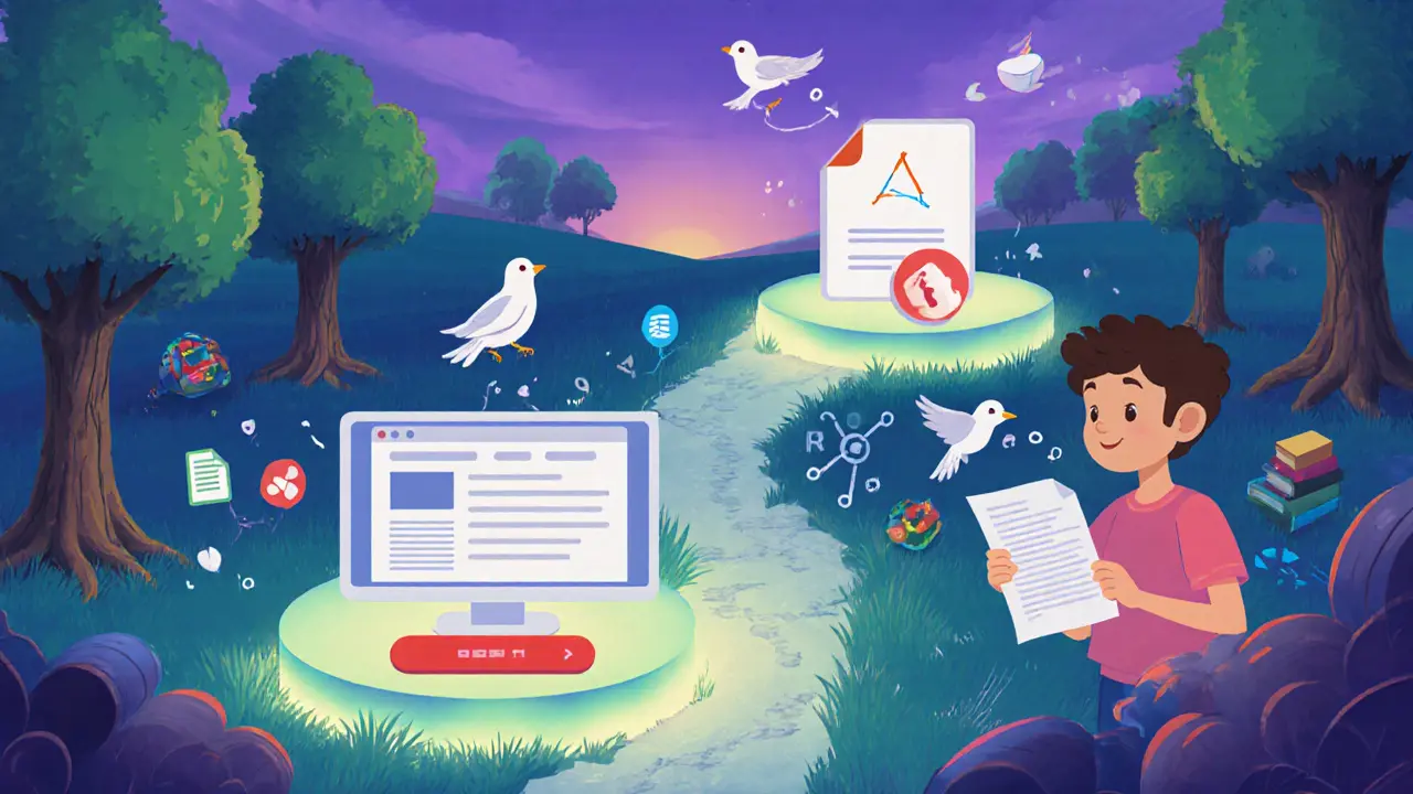 Волшебный путь из шагов обучения через лес с книгами-деревьями, ведущий к счастливому студенту с PDF.