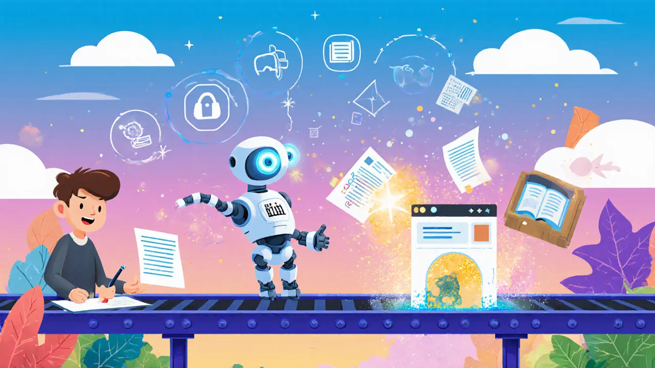 Цикл контента на конвейере: автор пишет, ИИ проверяет, куратор одобряет, материал публикуется в цифровом пространстве.