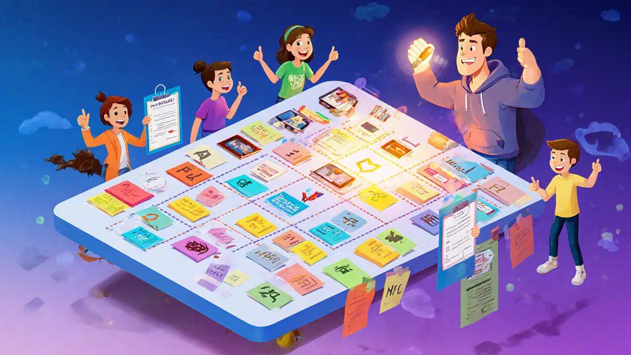 Цветная таблица с контентом курса, учитель отмечает выполненные задачи, студенты радуются.