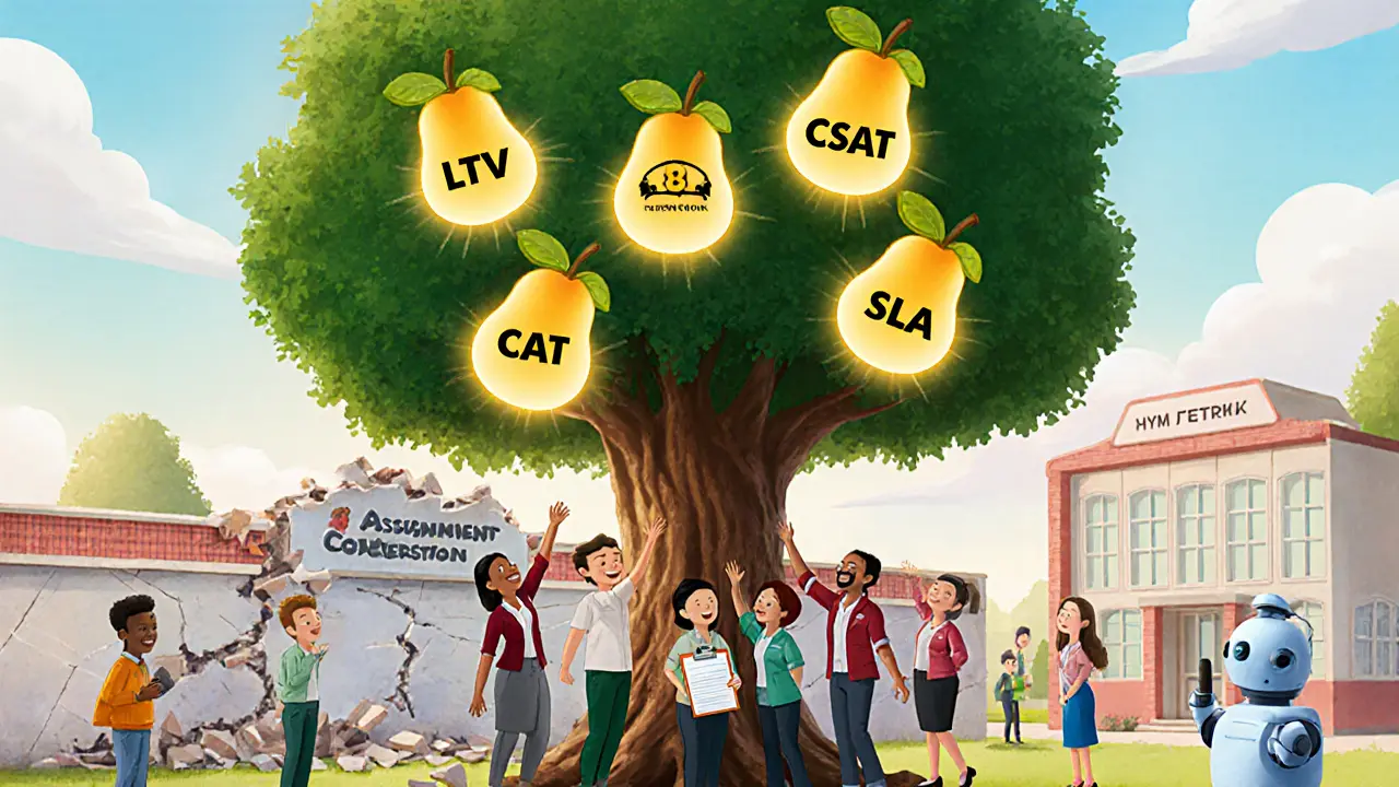 Дерево с пятью светящимися фруктами-метриками, команда собирает их, а шум падает в виде разваливающейся стены.