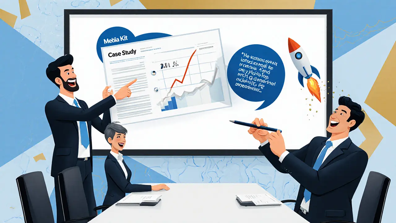 Команда бизнесменов смотрит на проецируемый медиа-кит с графиками и отзывами, эксперт улыбается, а его ручка превращается в ракету.