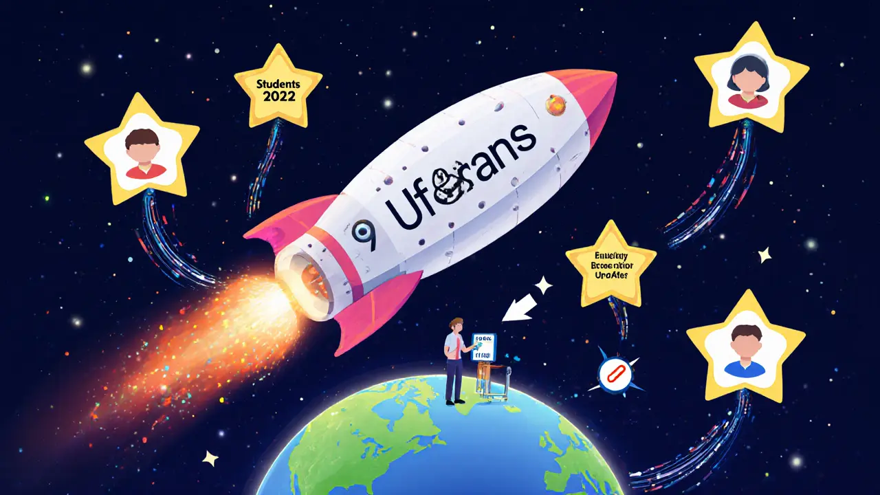 Космический корабль обучения летит через звёздное небо, где каждая звезда — студент, получающий актуальные обновления в реальном времени.