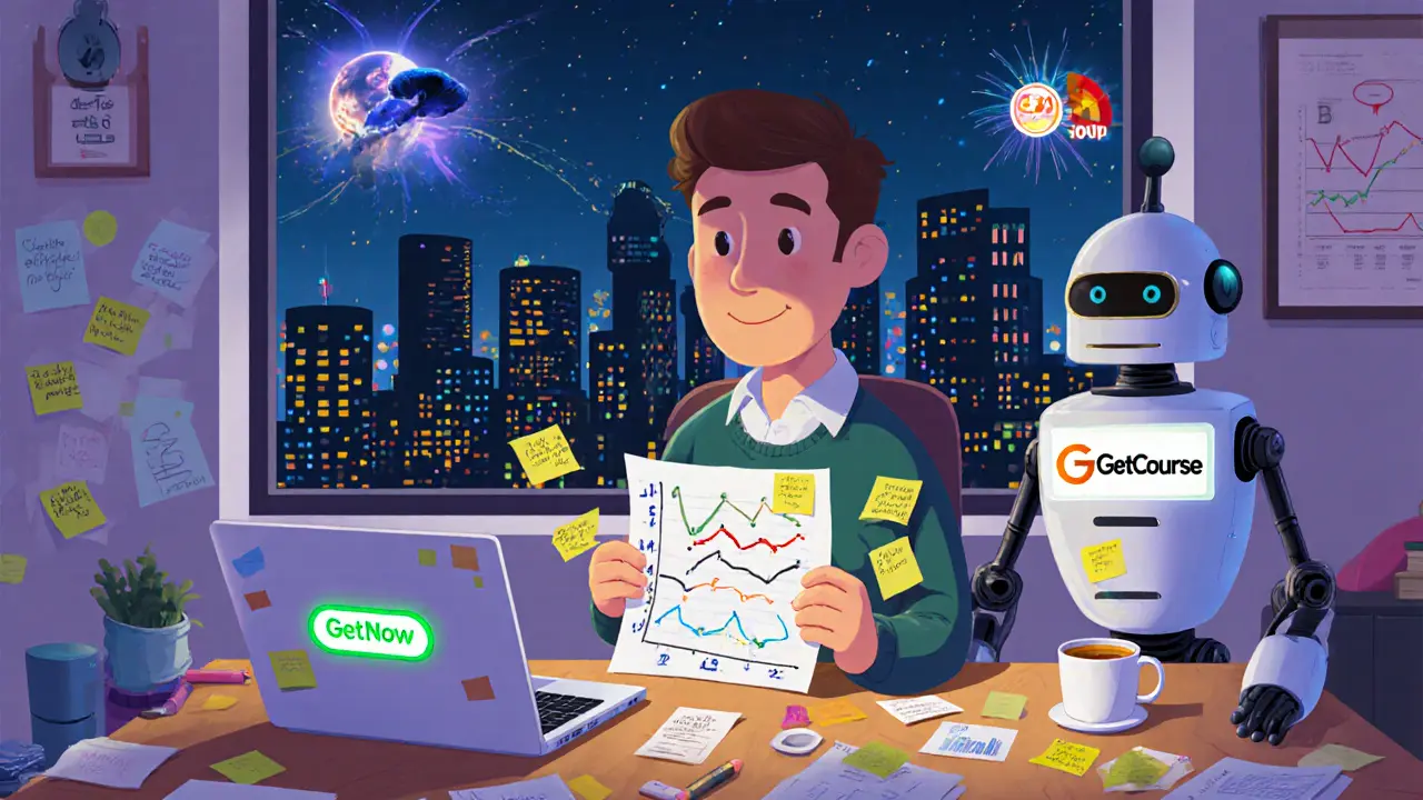 Маленький владелец школы с 8 базовыми метриками на бумаге, робот помогает начать, за окном — другие школы с потоками данных.