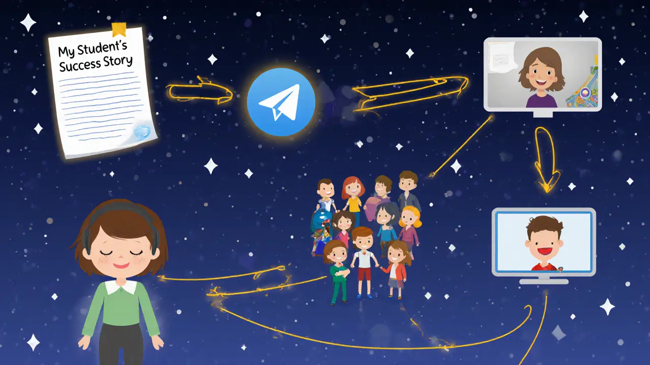 Один пост превращается в цепочку медиа, связывая преподавателя с довольными учениками.