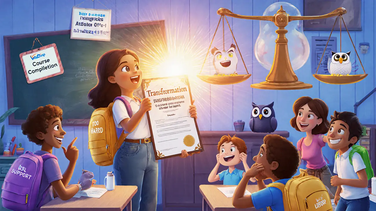 Студенты в виртуальном классе: один получает трансформацию жизни, другие страдают от сложностей, учитель показывает важность реальных результатов.