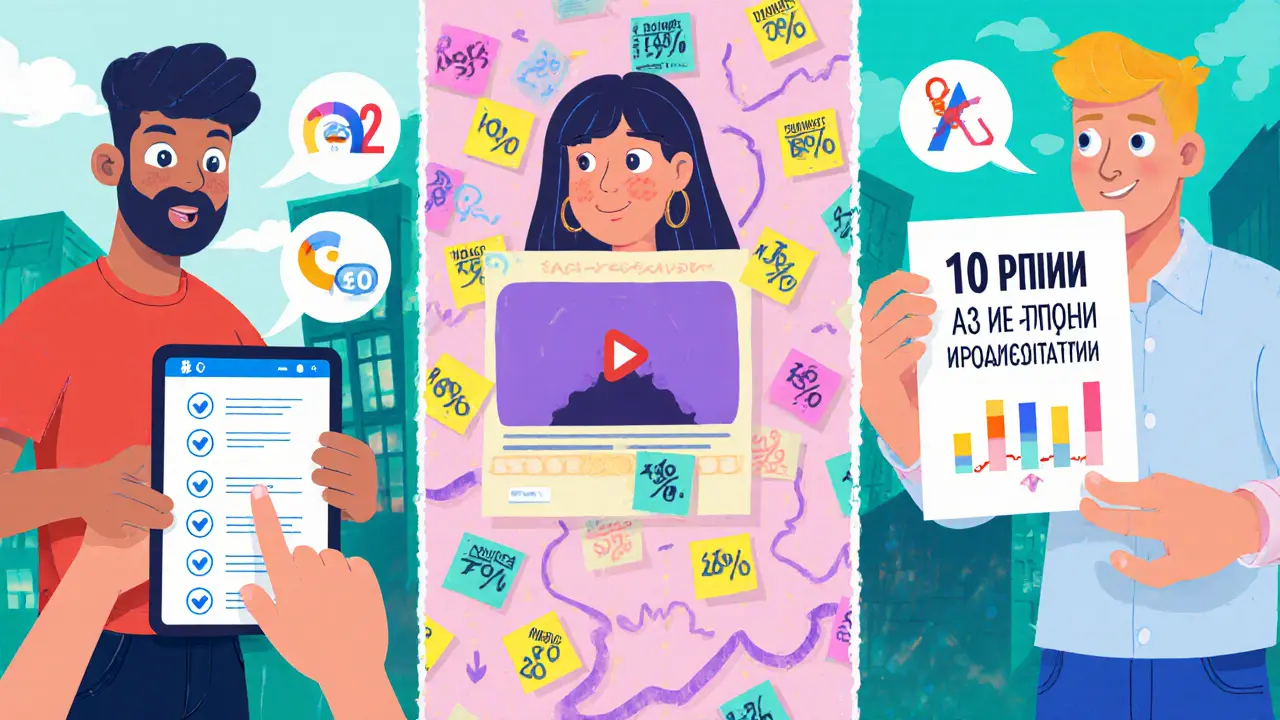 Трое людей взаимодействуют с разными форматами лид-магнитов: квизом, видео и плакатом