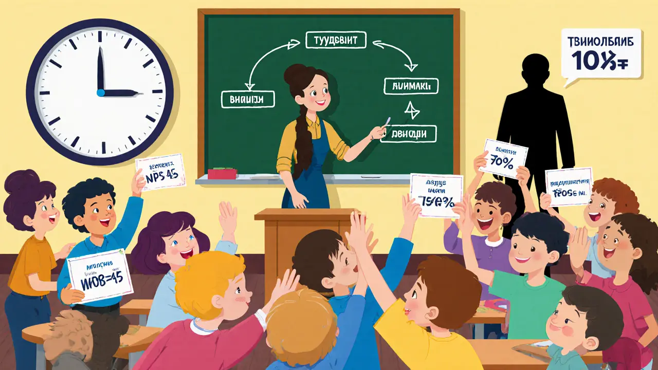 Учитель рисует путь студента к успеху, ученики радуются метрикам, а бюрократия исчезает в тени.