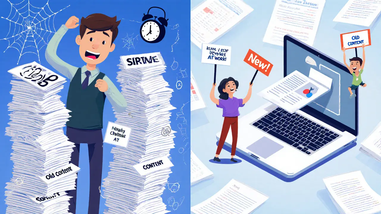 Учитель стоит между грудиной устаревшего контента и современной цифровой платформой, студенты радостно реагируют на обновления.