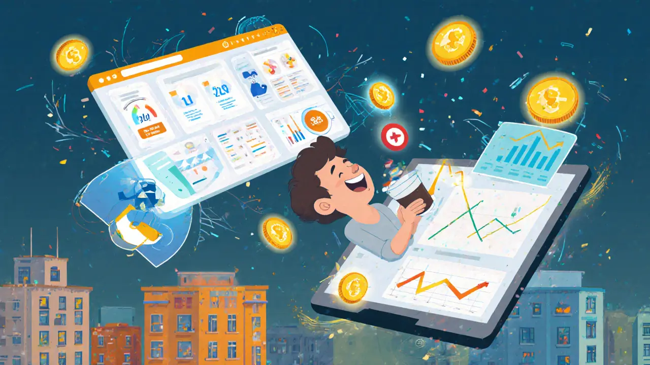 Цифровая панель управления кампаниями с микроинфлюенсерами в интерьере квартиры, с анимированными графиками роста.