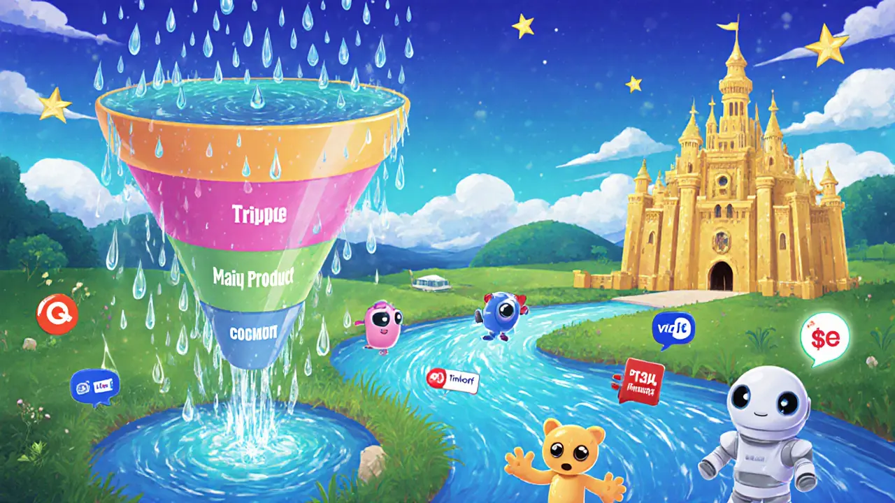 Цифровая воронка в виде волшебного потока, ведущего к замку, с интерактивными элементами и платежными системами на берегу.