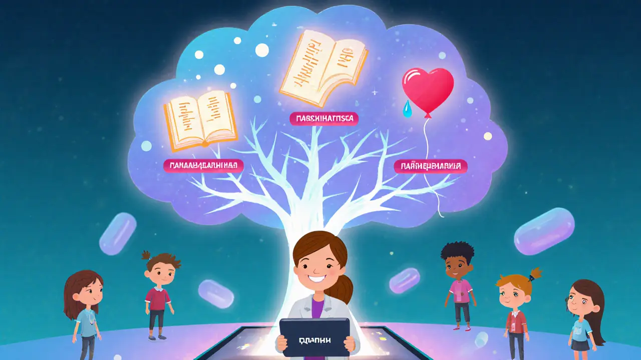 Дерево с тремя ветвями-типами контента растёт из планшета у учителя.