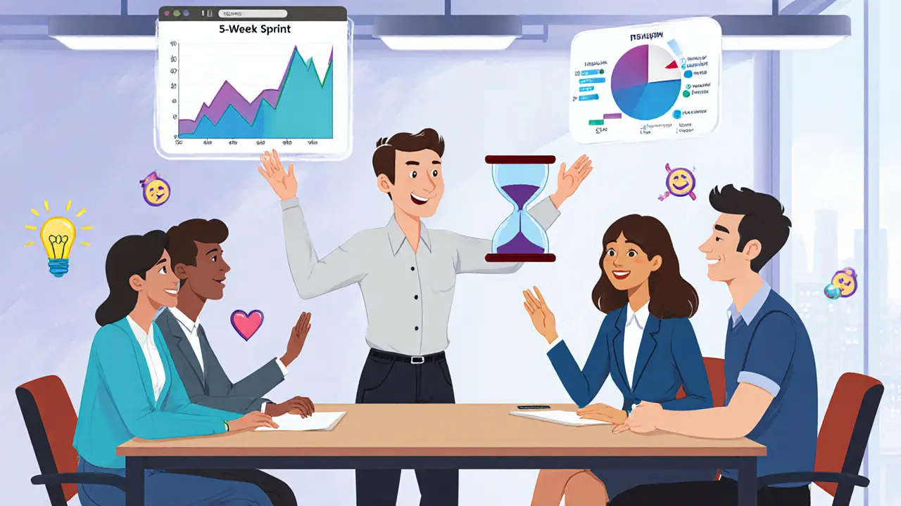 Групповой спринт-коучинг с цифровыми показателями роста и вдохновлёнными участниками.